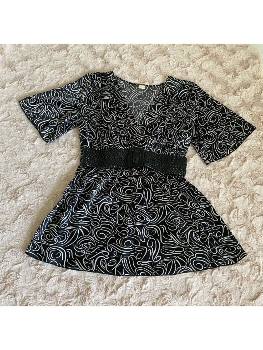 Siren Lily Blouse Womens Small Top Spiral White Black Braided Faux Belt Y2K